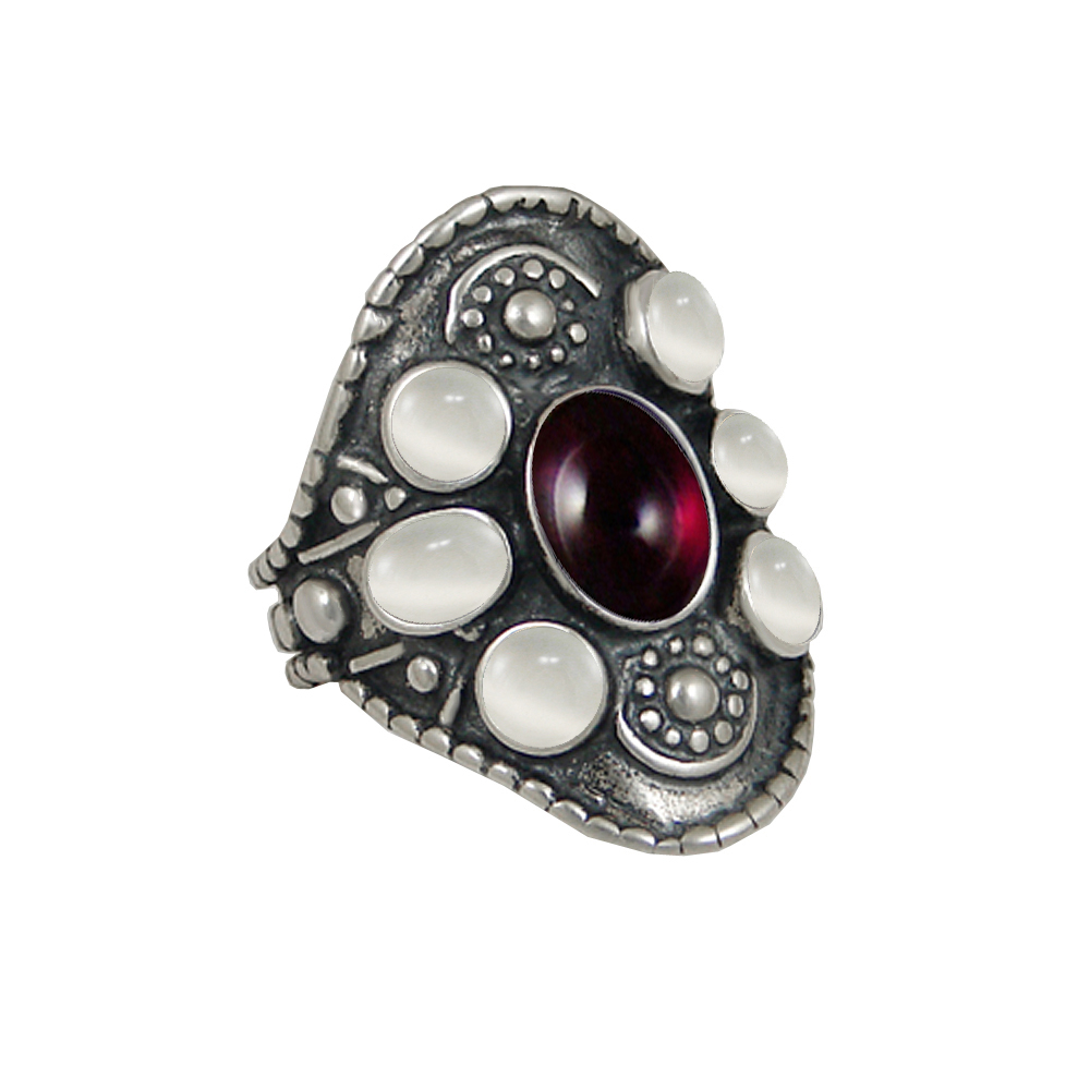 Sterling Silver High Queen's Ring With Garnet And White Moonstone Size 7